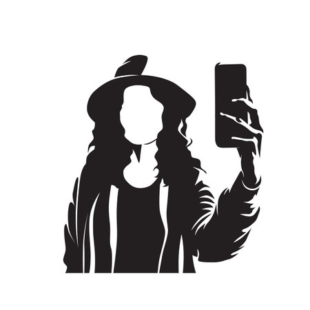 Young woman takes a selfie with her mobile phone. Isolated vector silhouetteのイラスト素材