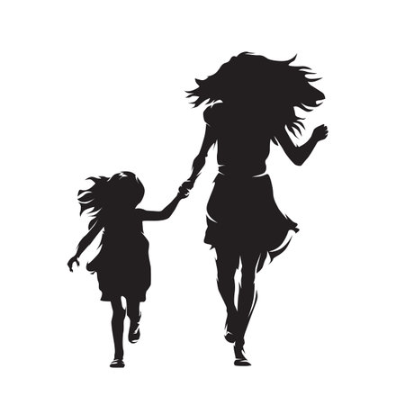 Mother with daughter running, isolated vector silhouetteのイラスト素材