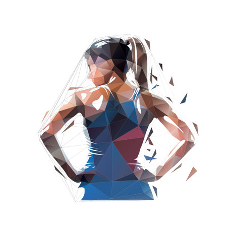 Active woman stands with her hands on her hips. Isolated low poly vector illustration from triangles, rear viewの写真素材