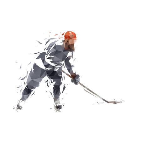 Ice hockey player skating with puck, low poly isolated vector illustrationのイラスト素材