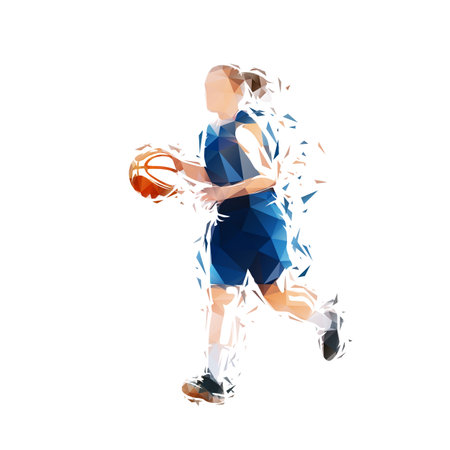 Young woman playing basketball. She runs and dribbles, low poly isolated vector illustration, geometric drawing. Female basketball logoのイラスト素材