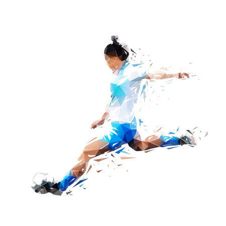 Soccer, woman playing football, geometric drawing of female soccer player kicking ball, low poly isolated vector illustration, side viewのイラスト素材