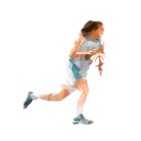 Woman playing basketball, isolated low poly vector illustration. Female team sportのイラスト素材
