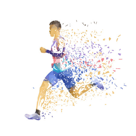 Run, running man, isolated low poly vector illustration with shatter effect, side viewのイラスト素材