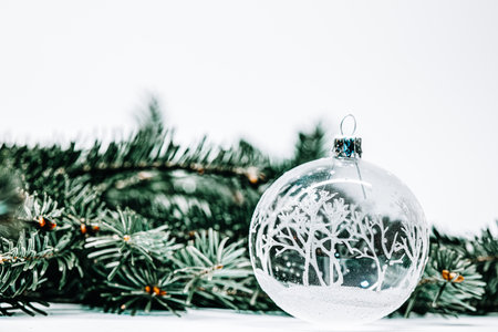 Glass round Christmas ornament (bauble) decorated with white tree motifs. The ornament is placed against a white background with blurred fir branches in the background. Minimalist Christmas decorationの写真素材