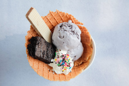 Ice cream sundae with brownie wafer waffle biscuit