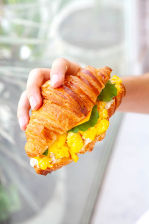 Hand holding a breakfast brioche croissant sandwich with scrambled egg filling cheese and rocket leaf.の写真素材