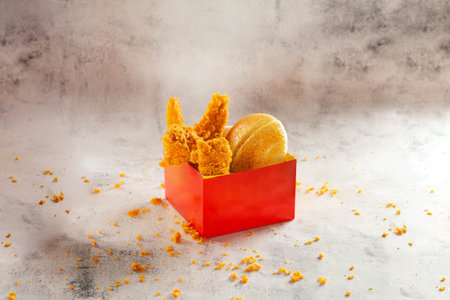 Breaded chicken breast fillet strips with half burger bun inside a red delivery packaging box on a...
