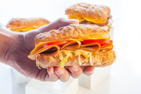 Hand holding Bologna meat ciabatta sandwich.の写真素材