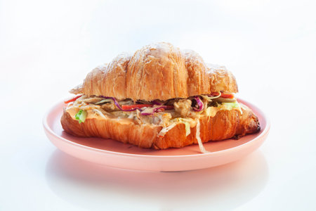 Brioche croissant chicken sandwich on a pink plate white background.の写真素材