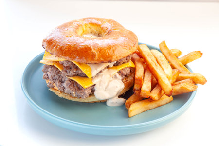 Beef burger with smashed patty and brioche doughnut bun.の写真素材