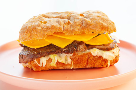 Philly cheese steak ciabatta sandwich served on a pink plate.の写真素材