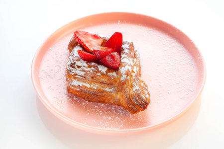 Strawberry danish pastry placed on a pink plate.の写真素材