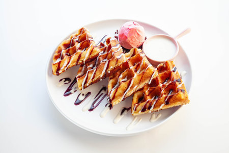 Waffle Belgian chocolate and vanilla flavour with strawberry ice cream.の写真素材