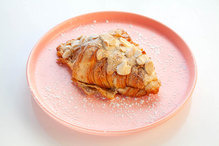 Almond croissant placed on a pink plate.の写真素材