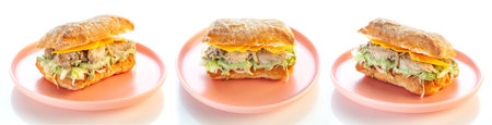 Three chicken with avocado ciabatta healthy sandwiches in different angles.の写真素材