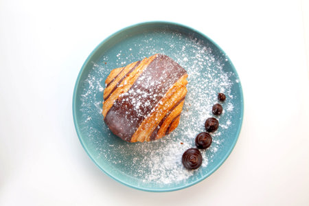 Brioche chocolate croissant served on a blue plate.の写真素材