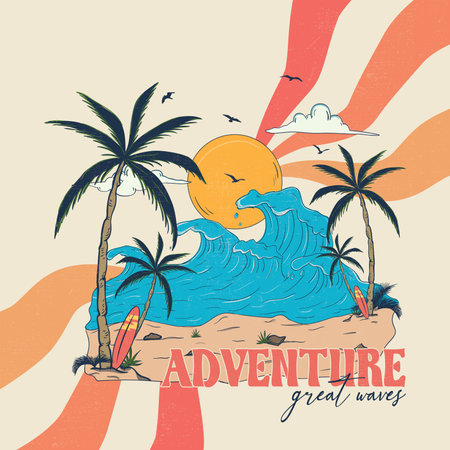 Summer paradise Vibes Great Waves. Summer vibes tropical graphic print design. Rector vector Palm tree, sunset, sunrise, surfboard, vector graphic print design.のイラスト素材