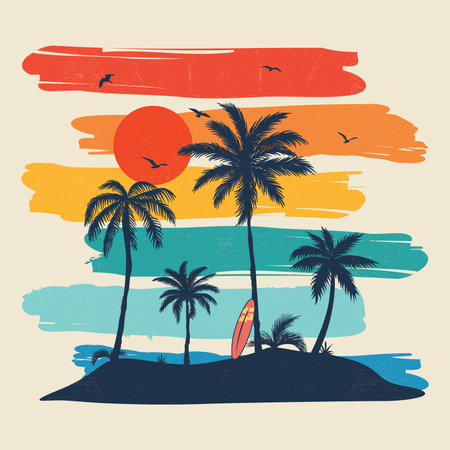 sunshine beach, summer beach sunshine vector print design artwork,. Vintage Retro Style Beach Surfer Summer Paradise. vector Palm tree, sunset, sunrise, surfboard, vector graphic pのイラスト素材