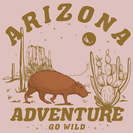 Arizona desert graphic print for fashion and others. Capybara Saying Desert Mountain Cactus Vintage. capybara or greater capybara is a giant cavy rodentのイラスト素材