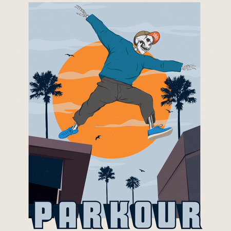 Parkour silhouette on the building. Parkour at night graphic illustration. sunset graphic illustration. Urban Parkour Leaping on Buildings, parkour player silhouetteのイラスト素材