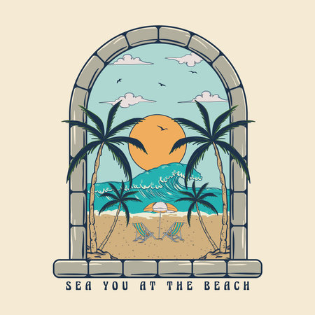 Sea You At The Beach Vector, Summer Vector File. beach text with waves, a palm, mountains and sun vector illustrations. For t-shirt prints, posters and other uses.. Beach vibes artのイラスト素材
