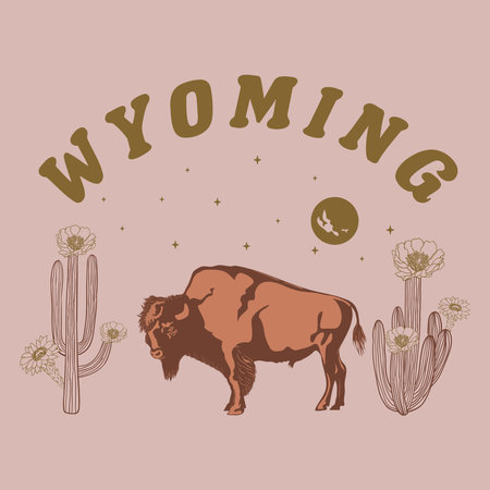 American Bison with Cactus Flower in Wyoming United States of America WPA Poster Art.のイラスト素材