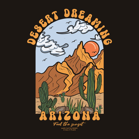 Arizona Feel  the sunset. Desert Dreaming adventure vintage print design for t shirt and others. Arizona national park graphic artwork for sticker, poster, background. Mountain witのイラスト素材