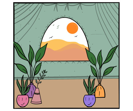 flower gardening tree in tub sunset wall art. Mountain window modern art And Flower Gardening Tree In Tub graphics design, Desert Mountain background. Flower Desert Sunshine.のイラスト素材