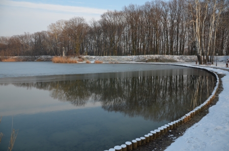 Lake in Gyomro in winterの写真素材