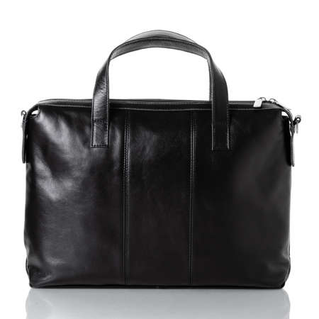 Men's classic business bag made of genuine leather in black color. White backgroundの写真素材