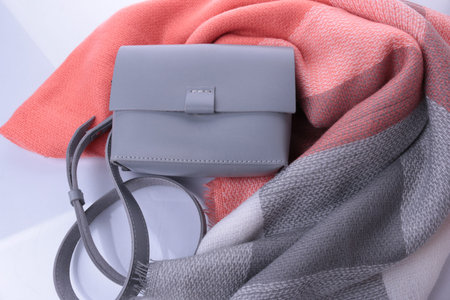 Women's gray leather bag and head scarf gray, pink, white colorsの写真素材