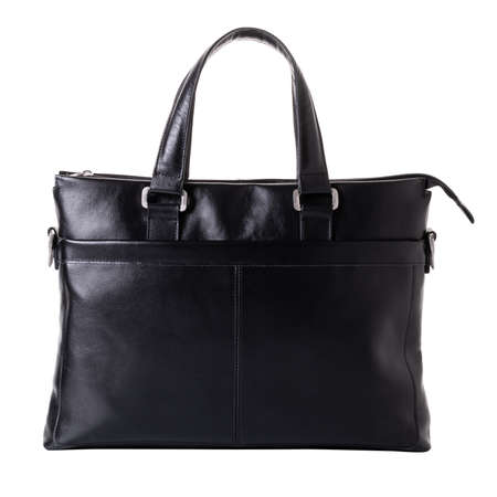 Business bag for man. Made of genuine leather in black color. Bag for documents and laptop. White backgroundの写真素材