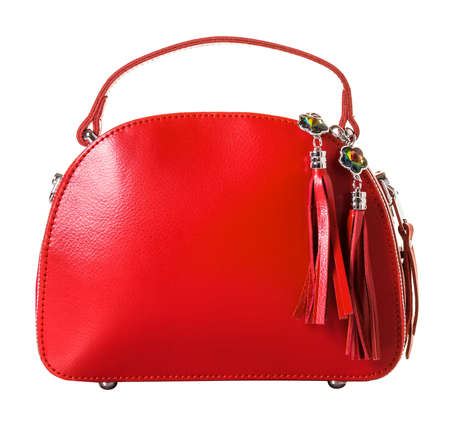 A small red handbag for women. Made of genuine smooth leather. The model has a single handle, decorated with crystals and leather tasselsの写真素材