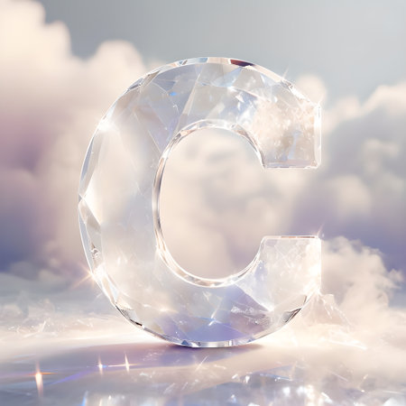 Futuristic crystal letter C on cloudy sky background. 3D renderingの素材