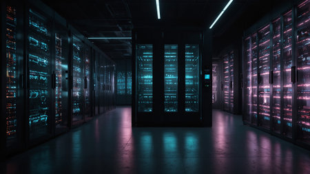 Server room data center. Backup, mining, hosting, mainframe, farm and computer rack with storage information. 3d renderの素材