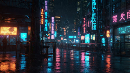 Night scene of a city street in China. 3D rendering.の素材