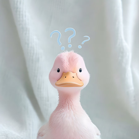 Cute duck with question mark on white fabric background, closeupの素材