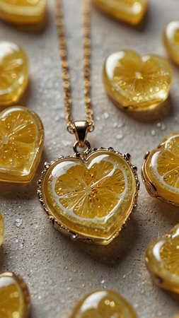 Golden heart-shaped pendant with lemon slices on grey textured backgroundの素材