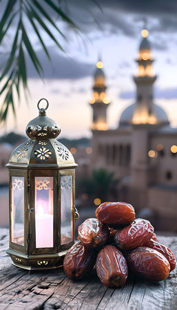 Ramadan Kareem background with dates and lantern. Selective focusの素材