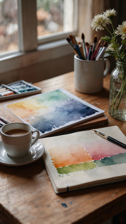 Paint brushes and a cup of coffee on a wooden table.の素材