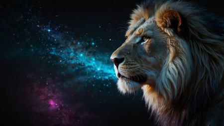 Portrait of a lion against a space background with stars and nebulaの素材