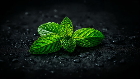 Fresh mint leaves on black background. Shallow depth of field.の素材