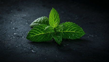 Fresh green mint leaves on dark background. Shallow depth of fieldの素材