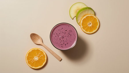 Blueberry smoothie in a glass on a beige background, top viewの素材