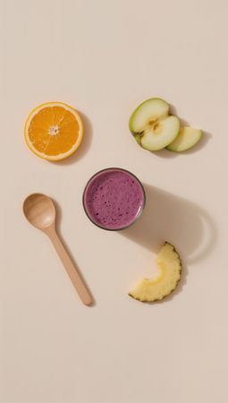 Smoothie with apple, orange and blueberry on a light background.の素材