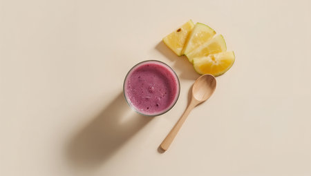 Healthy fruit smoothie with banana and pineapple on a light backgroundの素材