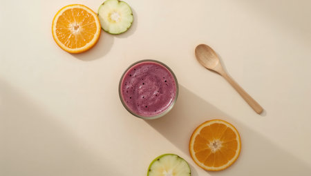 Healthy smoothie in a glass with fresh fruits and wooden spoonの素材