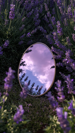 Lavender flowers and round mirror. Lavender flowers background.の素材