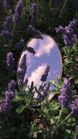 Mirror with lavender flowers and blue sky in the background.の素材